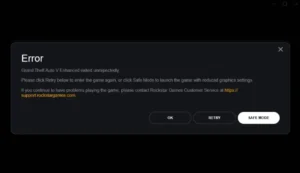 Fix GTA V Enhanced Exited Unexpectedly: Please click Retry below to enter the game again, or click Safe Mode to launch the game with reduced graphics settings.