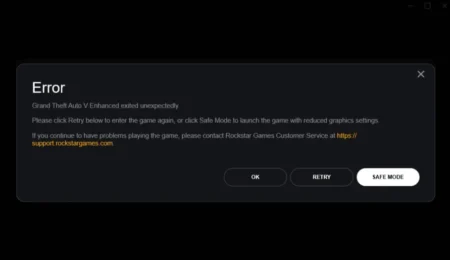 Fix GTA V Enhanced Exited Unexpectedly: Please click Retry below to enter the game again, or click Safe Mode to launch the game with reduced graphics settings.