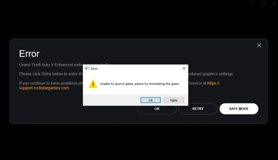How to Fix GTA V Enhanced Exited Unexpectedly Fix GTA V Enhanced Exited Unexpectedly: Please click Retry below to enter the game again, or click Safe Mode to launch the game with reduced graphics settings.