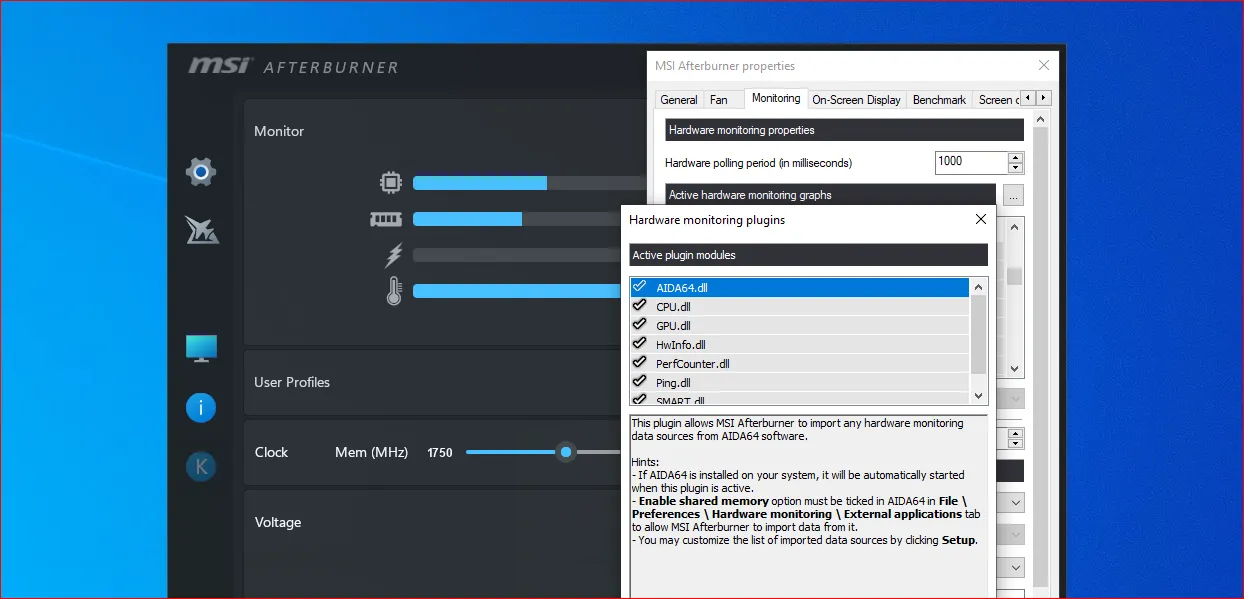 how to enable monitoring options in msi afterburner